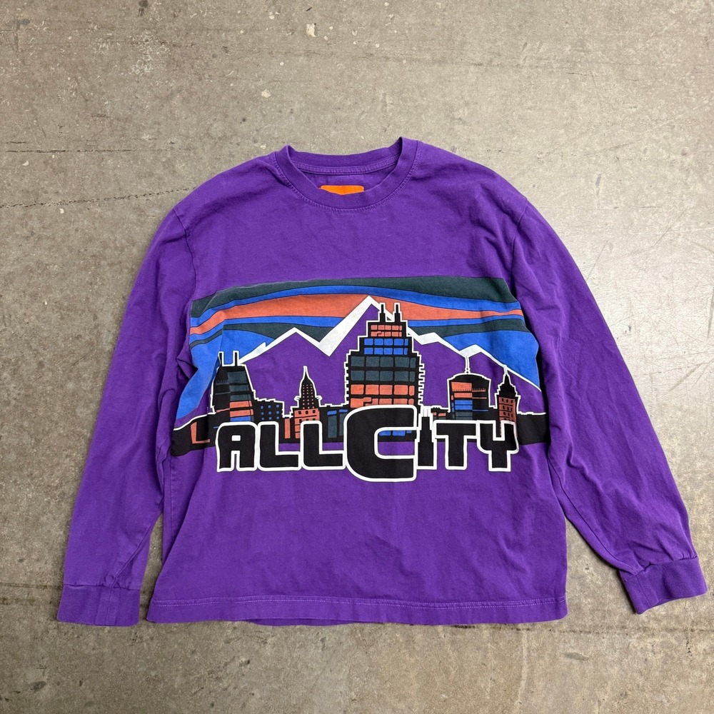 Just Don All City Mens Purple Long Sleeve‎ Graphic T-Shirt Size Large Skyline